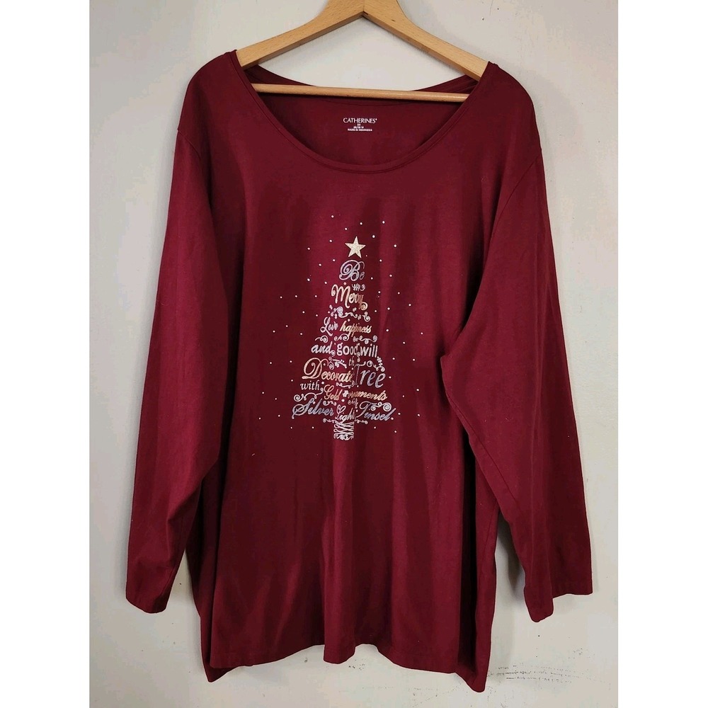 Catherines Womens 3X 26/28 Red Glitter Christmas Tree Rhinestone Longsleeve